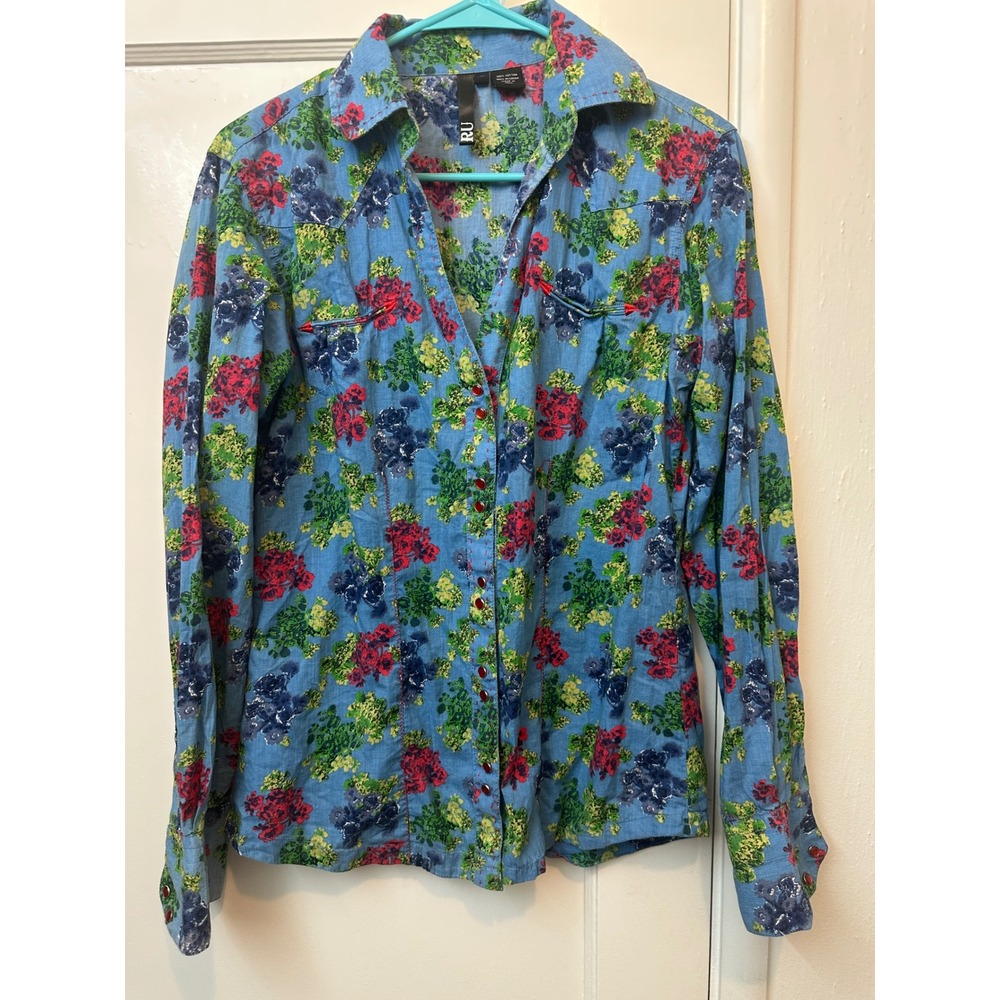 RU Women Blue Floral Western Pearl Snap‎ Shirt Cotton Pick Stitch Long Sleeve M